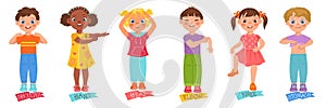 Children pointing body parts. Little boys or girls show hand, leg and tummy. Cartoon kids characters demonstrate heads