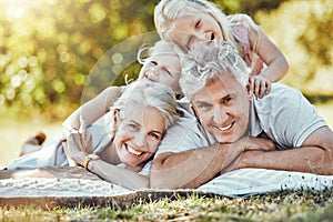 Children portrait, seniors or lying hug in park, home nature picnic or house garden in fun, silly or goofy activity