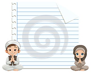 Children praying beside lined paper