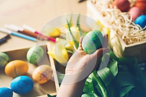 Children prepare for easter. Kids painting easter eggs. Easter background