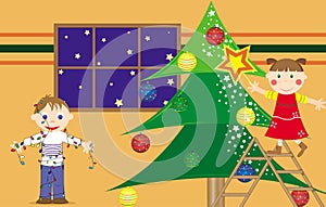 Children preparing the Christmas tree