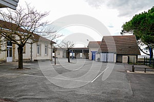 Children Preschool building empty schoolyards exterior with kid playground