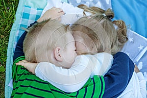 Children preschoolers hug. Girl and boy. The concept is childhood and family.