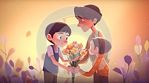 The children present their mother with flowers