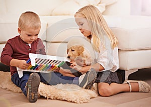 Children, puppy and kid toy in a home with animal, pet and youth development in a living room. Golden retriever, abacus