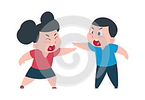 Children quarrel. Cartoon boy and girl arguing, shouting and waving hands, pointing accusingly. Aggressive emotion