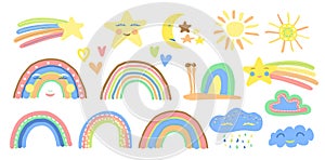 Children Rainbow, Sun, Cloud, Snail, Star and Heart Pastel Hand Drawn Vector Illustration