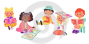 Children read books flat icons set. Cute kids sitting and looking at open book. Library and bookstore