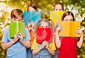 Children Read Books, Group of Kids Eyes behind Open Blank Book C