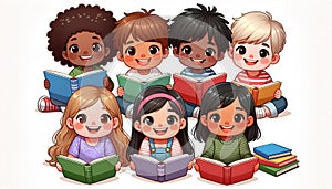 Children read books with happy faces