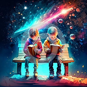Children reading a book on a bench in the night starry sky Generative AI