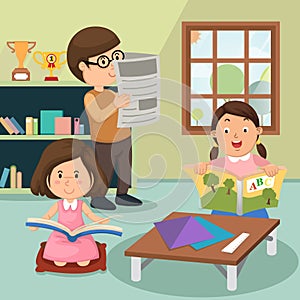 Children reading the book at home vector