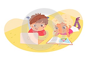 Children reading book and looking at computer at home. Happy clever kids learning activities vector illustration. Girl