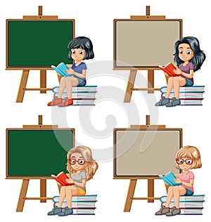 Children reading books by chalkboards