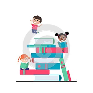 Children reading books in the library. Children sitting on multicolor books. Vector illustration. Isolated on white background