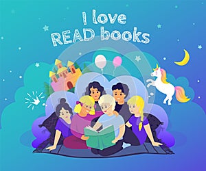 Children reading concept. Hand drawn kids characters reading book and imagine adventures. Vector background with funny