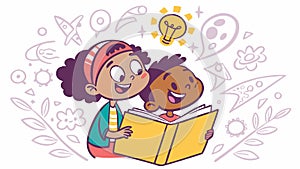 Children Reading with Creative Thought Bubbles, vector design Generative AI