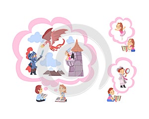 Children Reading Fairy Tale and Fantasy Book about Knight Fighting Dragon and Ballet Dancing Vector Set