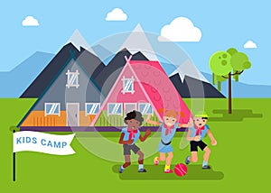 Children recreation camping, character male female kid rest outdoor natural park flat vector illustration. Cozy