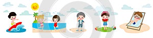 Children rest in the summer on a tropical beach on vacation holiday concept set, surfer boy, kids eating watermelon and ice cream