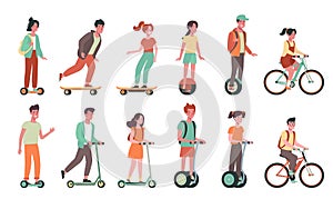 Children ride bicycles, skateboards, scooters, gyroboards. Flat vector set with childs on electric transport..Kids, boys
