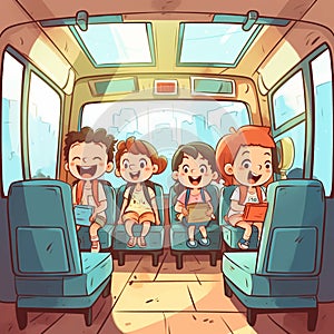 children ride inside the school bus cartoon style 2