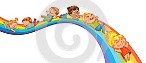 Children ride on a rainbow