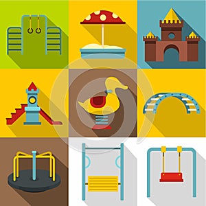 Children rides icons set, flat style