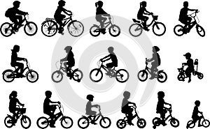Children riding bicycles silhouettes collection