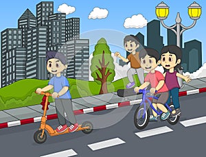 Children riding a kick scooter, skateboard and bicycle on the street cartoon