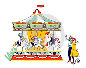 Children Riding Merry-go-Round Entertainment Carousel in Recreation Park. Parents Making Photo Pictures