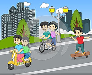 Children riding a scooter, bicycle and skateboard on the street cartoon