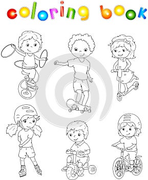 Children riding unicycle, bicycle and scooter, rollerblading and