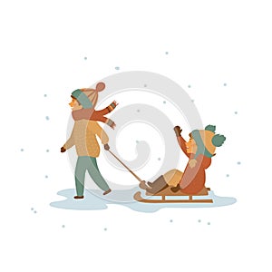Children riding winter sled isolated vector illustration