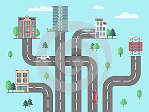 Children road map. Suburb or city, urbanization concept. Top view highway to buildings, car driving to home flat vector
