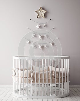 Children room with christamas decoration, scandinavian style interior background,