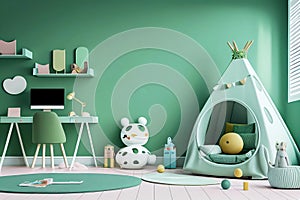 Children room interior on free green wall. Generative ai