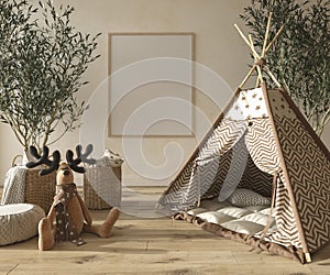 Children room interior scandinavian style with mock up frame on wall background