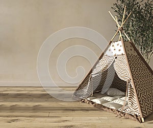 Children room interior scandinavian style. Mock up frame on wall background. Kids farmhouse style 3d rendering