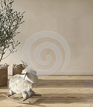 Children room interior scandinavian style with natural decor. Mock up frame on wall background. Kids farmhouse style 3d