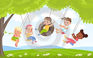 Children rope swings. Kids play on nature. Friends group swinging under trees foliage. Flying on wheel tire. Girls and