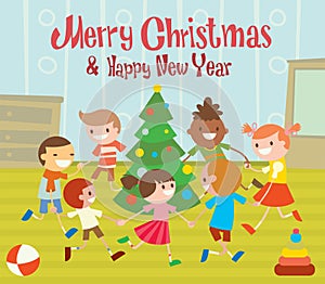 Children round dancing Christmas tree in baby club