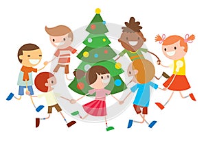 Children round dancing Christmas tree in baby club
