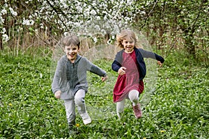 Children run on the grass against the background of a blooming garden and green grass. A happy family