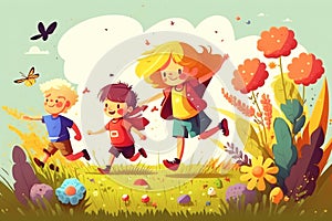 Children run happily on a meadow with flowers, cartoon illustration, generated by AI