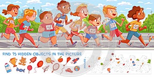 Children run marathon. Find 15 hidden objects