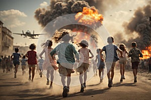 Children run through the streets of the city, fleeing from explosions. AI generation.