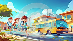 Children run to school with a yellow bus parked at the roadside. Contemporary kids students characters in uniform hurry