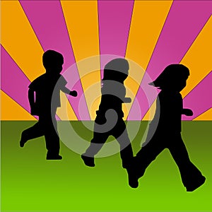 Children running on a coloured background