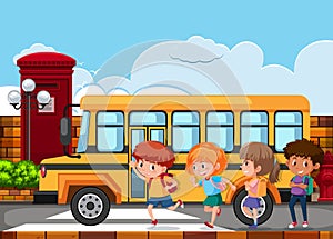 Children running to get on the school bus